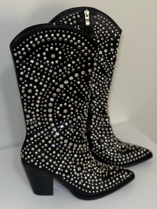 BEAST FASHION Shoes - NWB ! Rhinestone Black Mid-Calf Western Cowboy Boots Size 11 Woman Beast Fashion